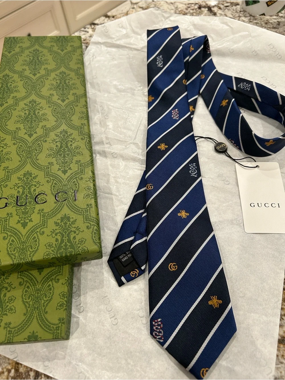 Gucci Navy and Royal Blue Striped Silk Tie with Gold Motifs